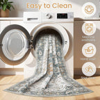 Washable Area Rugs for Living Room - 7x9 Neutral Vintage Distressed Floral Farmhouse Boho Large Soft Floor Rug Indoor Non Slip Carpet for Living Room Bedroom Dining Room Office - Green/Grey