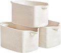 3 Packs Cotton Rope Woven Basket With Handles for Shelves -15"*10.2"*9.1"(White)