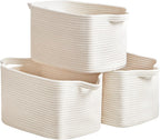 3 Packs Cotton Rope Woven Basket With Handles for Shelves -15"*10.2"*9.1"(White)