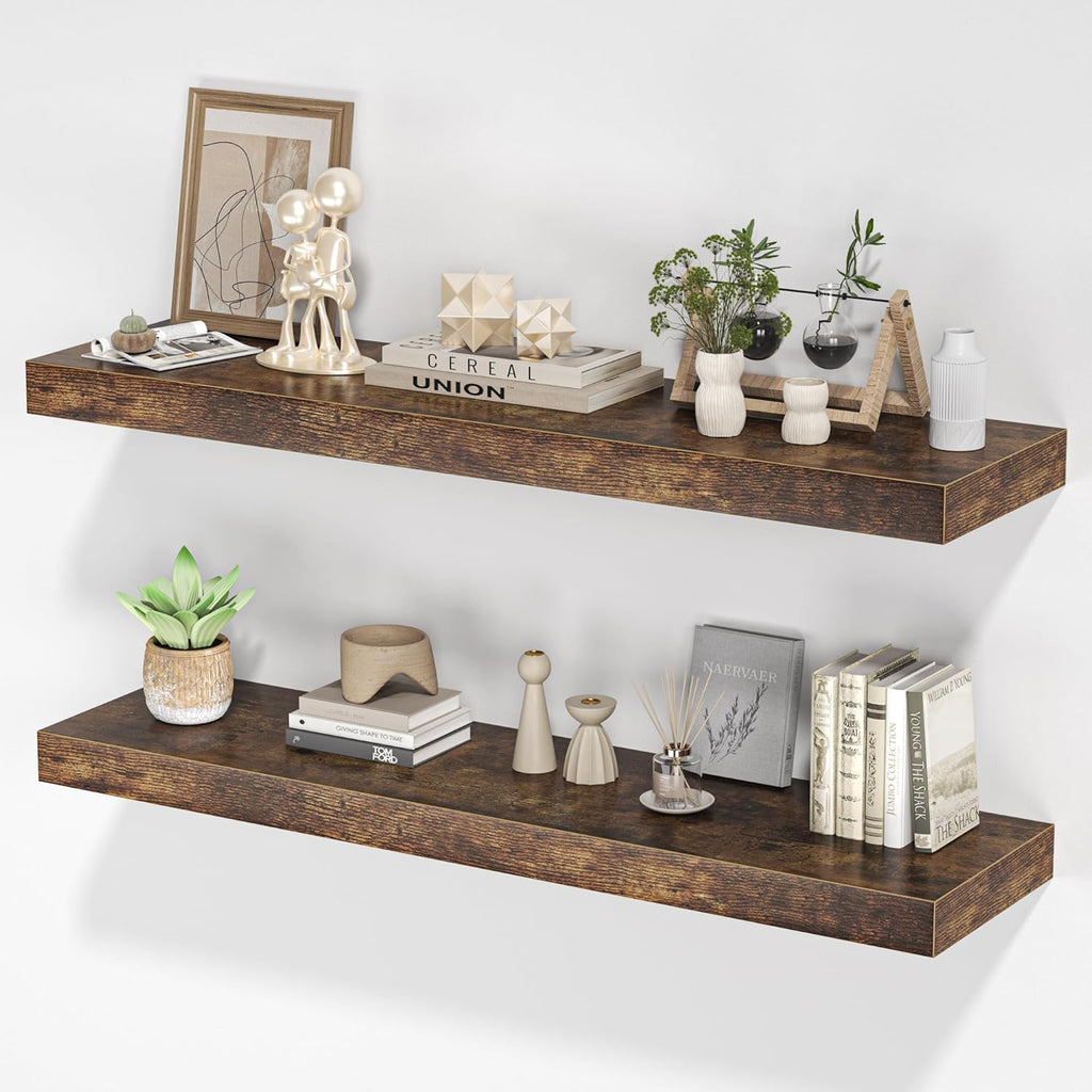Floating Shelves for Wall, 36"W x 8"D x 1.5"H, Wooden Wall Mounted Display Shelves with Invisible Brackets for Living Room, Bedroom, Bathroom, Kitchen Decor and Storage, Set of 2, Rustic Brown