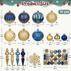 92ct Christmas Tree Decoration Set Christmas Ball Ornaments with Srtings Shatterproof Christmas Baubles for Christmas Holiday Wreath Garland Party Decoration, Blue-Gold