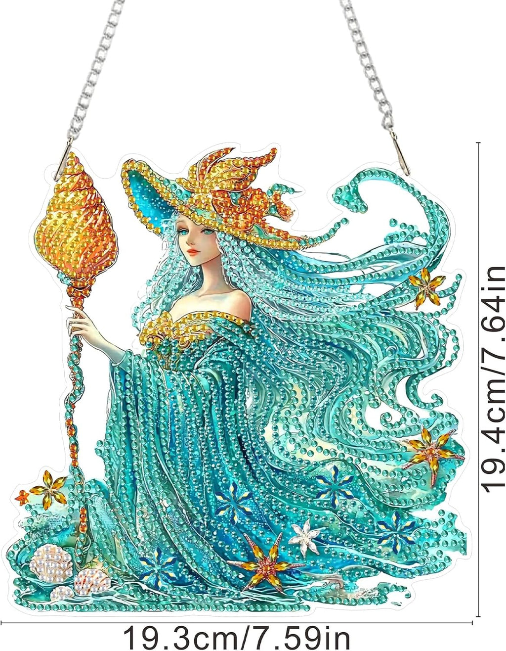 SENQAO Fairy Diamond Art Hanging Kit for Adult, Special Shaped Rhinestone, Double Sided DIY Acrylic Diamond Art Painting Window Pendants Home Garden Wall Hanging Kits Hanging Ornament (Shell Witch)