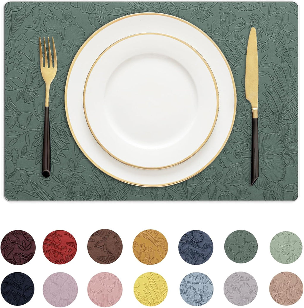 Romanstile Vinyl Placemats Set of 4-12 X 18 Inch - Heat Resistant Non-Slip Embossed Floral Place Mats 100% Waterproof Oilproof Wipeable Faux Leather Table Mats for Kitchen/Dining/Party, Green