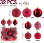 Senjie Red Shatterproof Christmas Ball Ornaments, 32 Pcs, Plastic, Eclectic Style, Wedding & Christmas Occasion