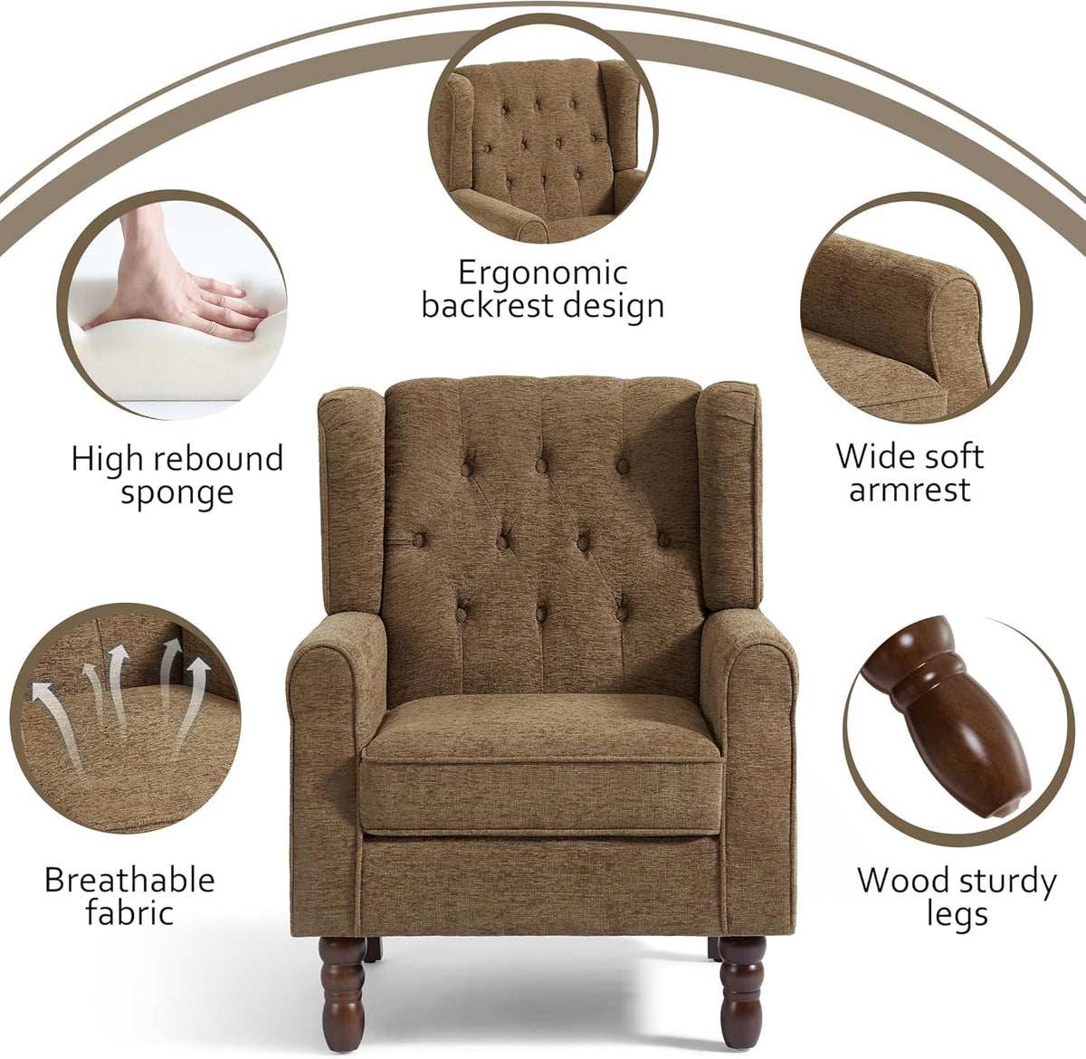 Lumibee High Back Accent Chair Set of 2,Upholstered Wingback Armchair with Solid Wood Legs for Small Spaces,Comfy Single Sofa Chair for Living Room,Bedroom,Office-Brown