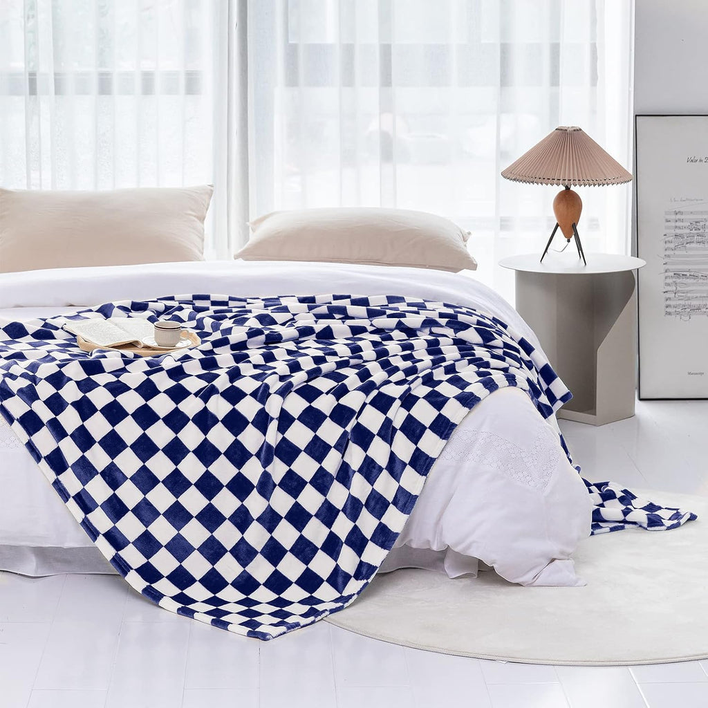 LOMAO Throw Blankets Flannel Blanket with Checkerboard Grid Pattern Soft Throw Blanket for Couch, Bed, Sofa Luxurious Warm and Cozy for All Seasons (Dark Blue, 60"x80")