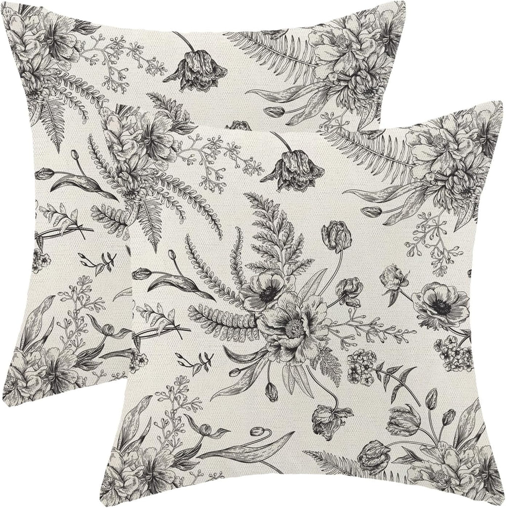 CXMEIFLY Spring Floral Leaves Pillow Covers 24 x 24 Inch Set of 2 for Chinoiserie Flowers Decor Throw Pillows Black and White Seasonal Plant Outdoor Decorative Cushion Cases for Couch Bed Decorations