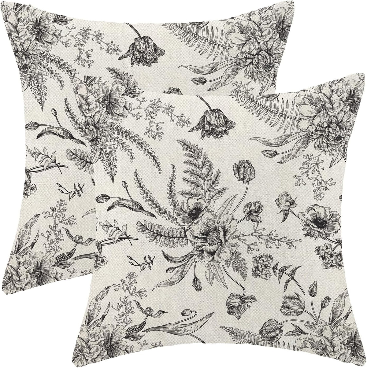 CXMEIFLY Spring Floral Leaves Pillow Covers 24 x 24 Inch Set of 2 for Chinoiserie Flowers Decor Throw Pillows Black and White Seasonal Plant Outdoor Decorative Cushion Cases for Couch Bed Decorations