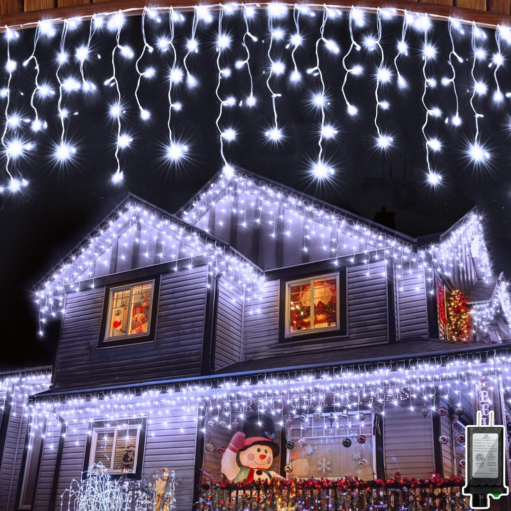 810LED 82ft Christmas Lights, 180Drops 12 Modes Cool White Christmas String Lights Outdoor Dimmable, Waterproof Christmas Decoration Fairy Lights with Timer for Indoor Eaves Party Patio Window Fence