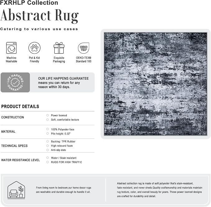 Area Rug Living Room: 5x5 Modern Washable Indoor Carpet Black | - Image 2