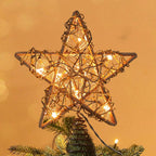 ODEETRONIC Rustic Tree Topper Lights, 10" Rattan Natural Christmas Star Tree Topper, 10 Clear Lights Warm White Hollow Tree Topper, 120V UL Certified Christmas Star Topper for Xmas Tree Home Party