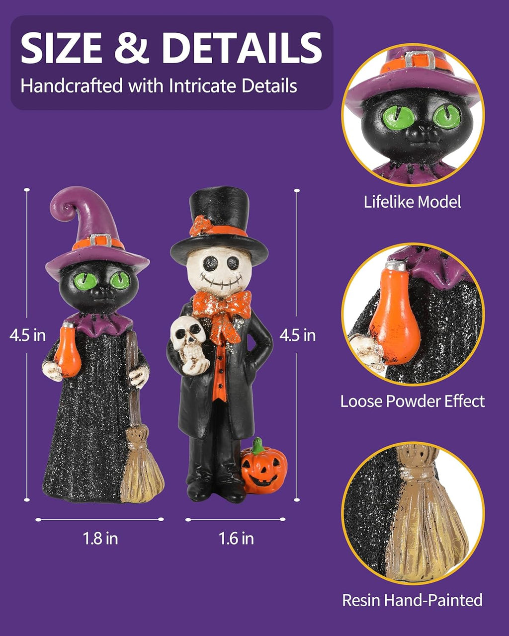 Cute Halloween Decor - 2-Pack 4.5'' Resin Skeleton Gentleman and Witch Broom Figurines - Indoor Halloween Decorations for Home Mantle Fireplace Party Gifts (Ghost & Witch)