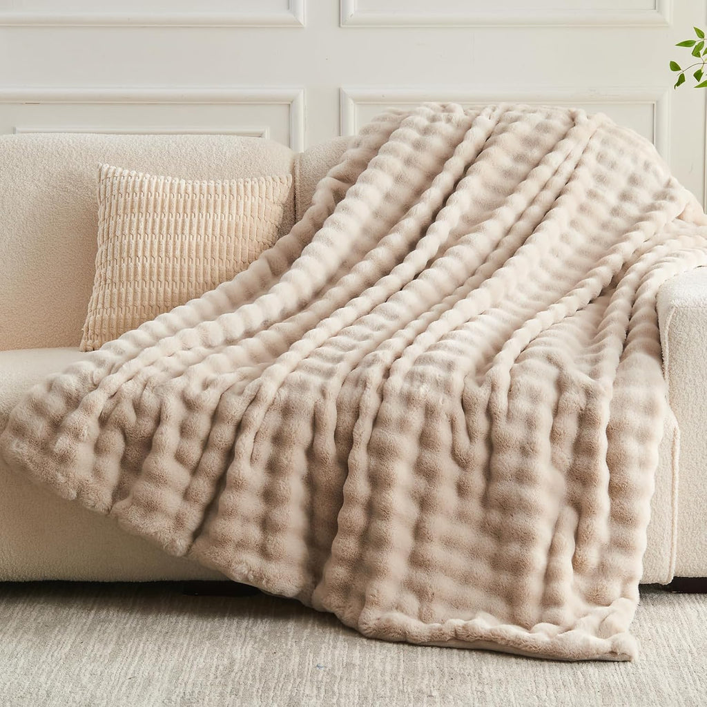 NEWCOSPLAY Faux Fur Twin Blanket Linen Bubble Blanket Thick Warm Soft for Couch Sofa Bed 550GSM (Linen, Twin(60"x80"))