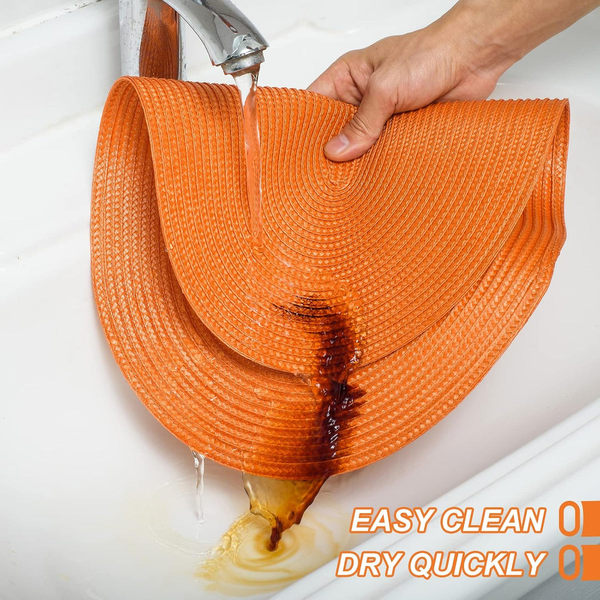AHHFSMEI Placemats Set of 6 for Dining Table Washable Woven Vinyl Non-Slip 18x12 inches Placemat Heat-Resistant Durable Table Mats for Dining Table Easy to Clean(Oval Orange,6)