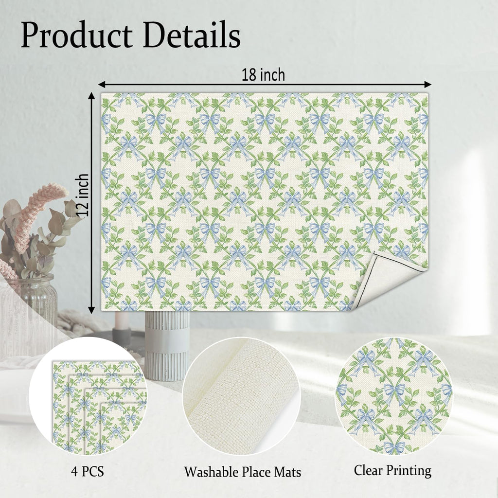 Green Leaf Placemats Set of 4, Blue Bow Table Mat for Home Kitchen, Restaurants, Outdoor Linen Washable Place Mats 12x18 inch Party Event Dining Decoration-01