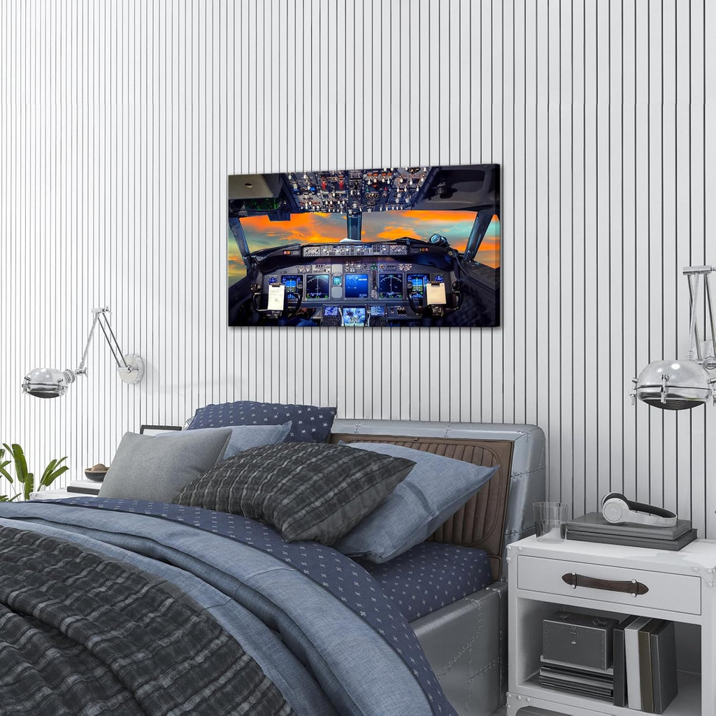 KREATIVE ARTS Canvas Prints Wall Art Airplane Cockpit Flight Deck in Sunset Photo Art Print Plane Poster Modern Home Decor Stretched and Framed Ready to Hang for Office Decorations 20x36inch