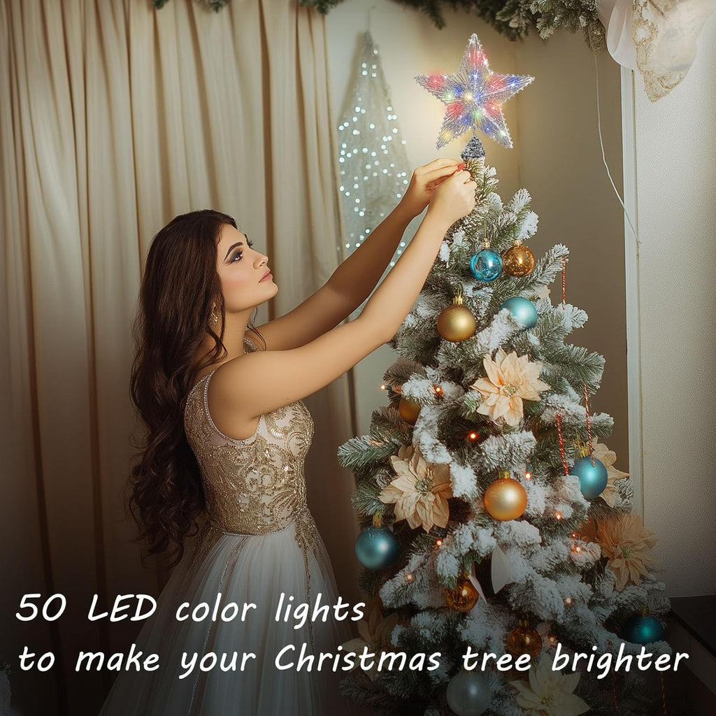 Silver Star Christmas Tree Topper with 50 Colouful LED Lights 8 Lighting Modes Timer, White Tree Topper for Christmas Tree Decorations and Xmas Holiday Seasonal Decor