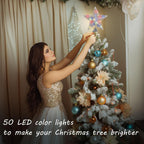 Silver Star Christmas Tree Topper with 50 Colouful LED Lights 8 Lighting Modes Timer, White Tree Topper for Christmas Tree Decorations and Xmas Holiday Seasonal Decor