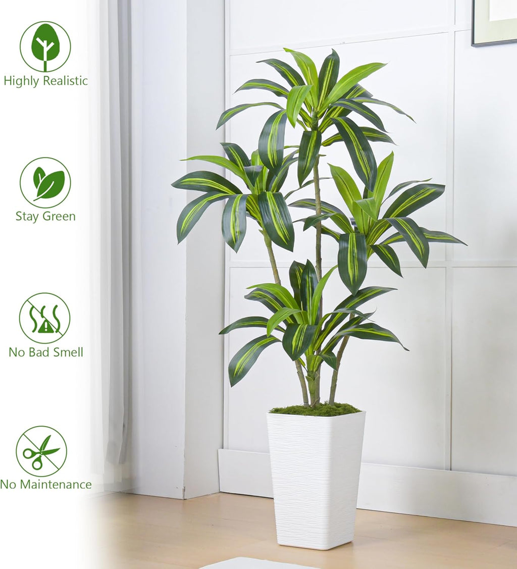Artificial Dracaena Tree Artificial Silk Tree Faux Tree Fake Tropical Yucca Floor Plant with White Tall Planter (1, White Tall Planter, 5FT)