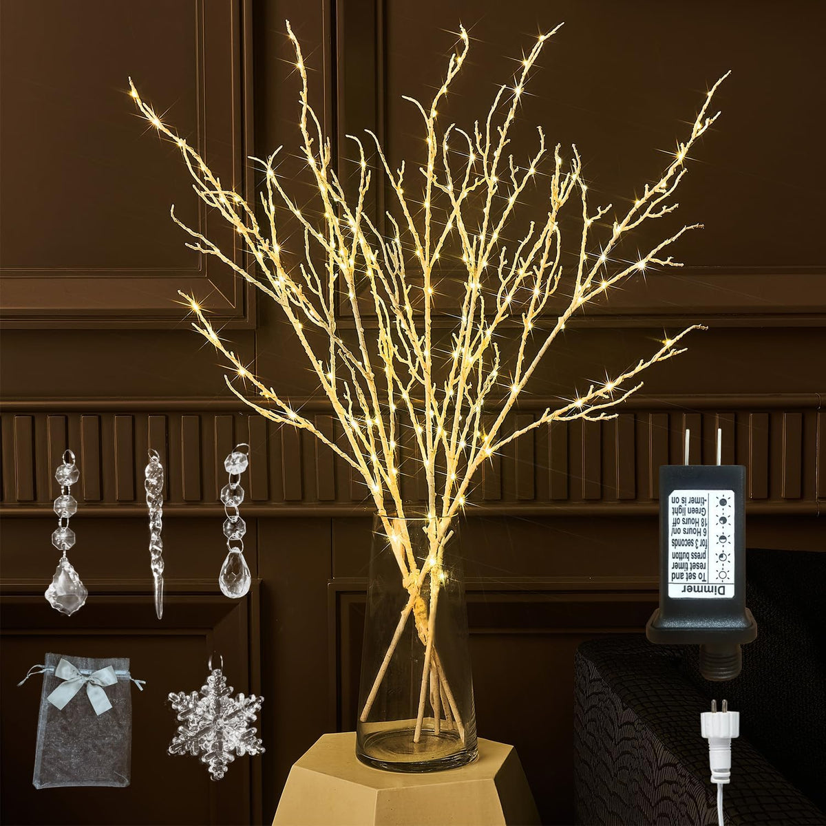 Fudios Lighted Branches Plug in 32IN 200 LED Mantle Winter Decor, White Twig Branch Lights for Christmas Holiday Party Indoor Outdoor