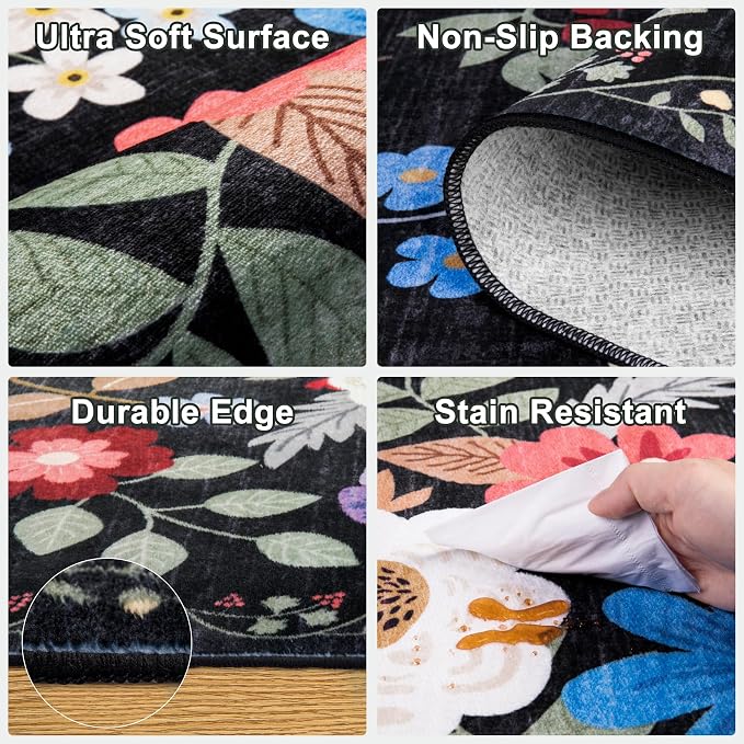PLHXFR 2x5 Washable Runner Rug：Floral Indoor Kitchen Soft Carpet Black | - Image 8
