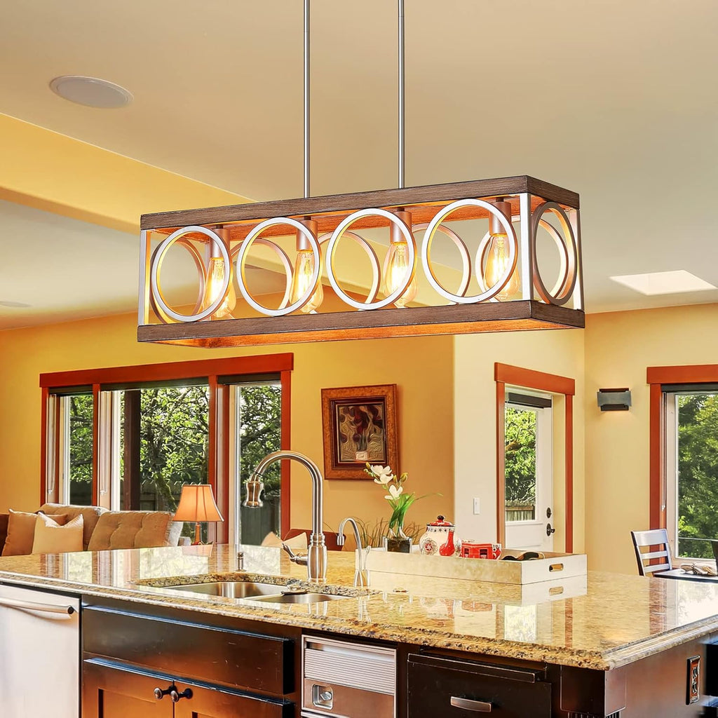 XINGQI Farmhouse Dining Room Chandeliers, Rectangle Vintage Hanging Lighting Fixtures, 4-Light Kitchen Island Lighting, Rustic Metal Chandelier Pendant Light, Antique Wood Grain XY082