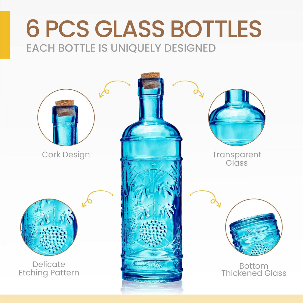 Assorted Blue Glass Bottles with Corks, 6 Pack, 2.5in X 9in, 16oz