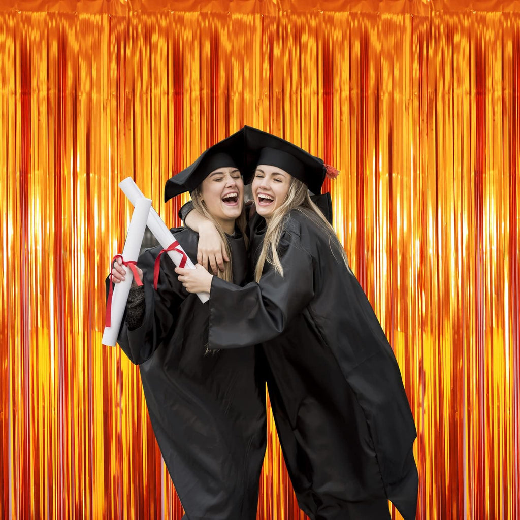 GOER 3.2 ft x 9.8 ft Metallic Tinsel Foil Fringe Curtains Party Photo Backdrop Party Streamers for Birthday,Graduation,New Year Eve Decorations Wedding Decor (3 Packs,Orange)