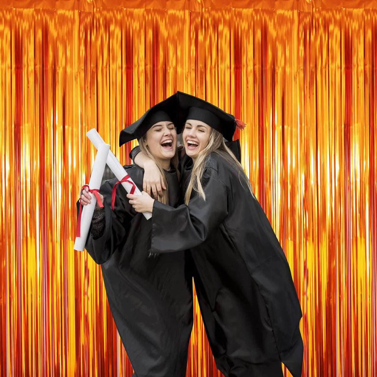 GOER 3.2 ft x 9.8 ft Metallic Tinsel Foil Fringe Curtains Party Photo Backdrop Party Streamers for Birthday,Graduation,New Year Eve Decorations Wedding Decor (3 Packs,Orange)