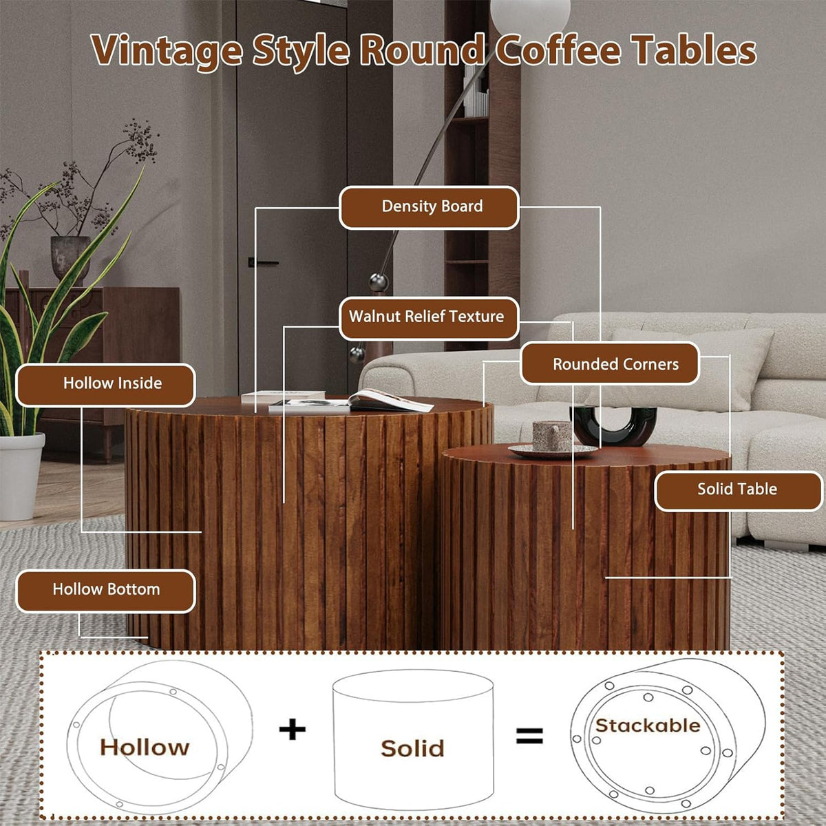 Round Nesting Coffee Table Set of 2 Modern Round Walnut Coffee Table Small Circular End Table Side Table Coffee Tables Circle Nested Coffee Tables for Living Room (Brown Small)