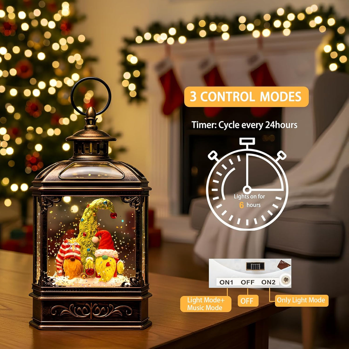 Christmas Snow Globe Lantern Water Glittering Gnomes Scandinavian Santa Elf with Music, USB Lined/Battery Operated Lighted Lantern for Christmas Festival Decoration Gifts