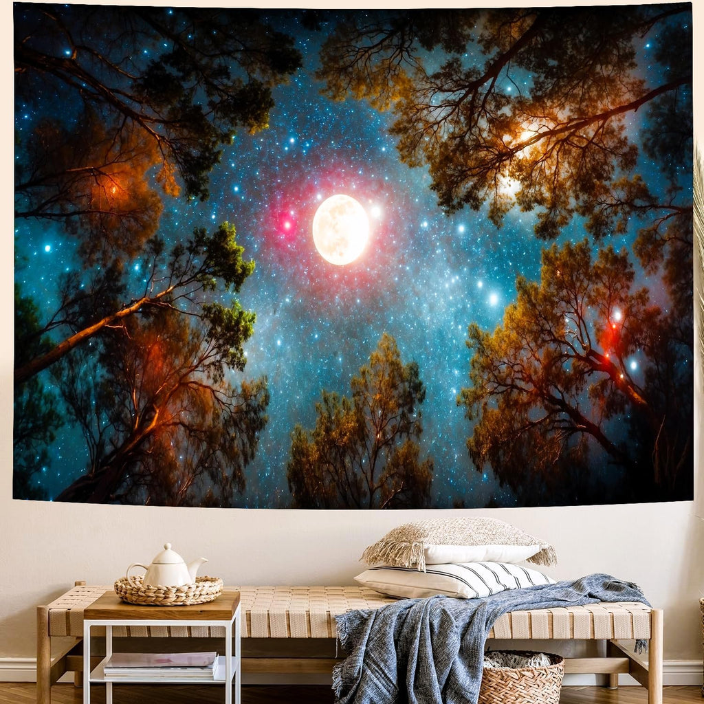 Delur Forest Tapestry Galaxy Moon Stars Night Space Starry Sky Wall Hanging Tapestry Aesthetic Tree Nature Landscape Psychedelic Headboard for Bedroom Living Room Home Decor (51.2" x 59.1")