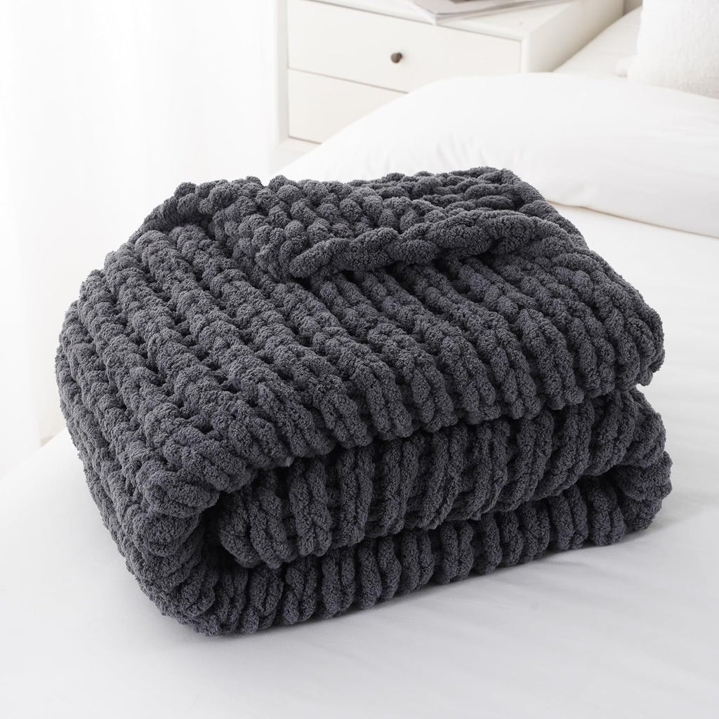 Battilo Chunky Knit Throw Blanket, Soft and Thick Chenille Throw Blanket, 50"x60" Handmade Cable Knit Crochet Blanket, Large Rope Knot Throw Blankets for Couch Sofa Bed Home Decor, Grey