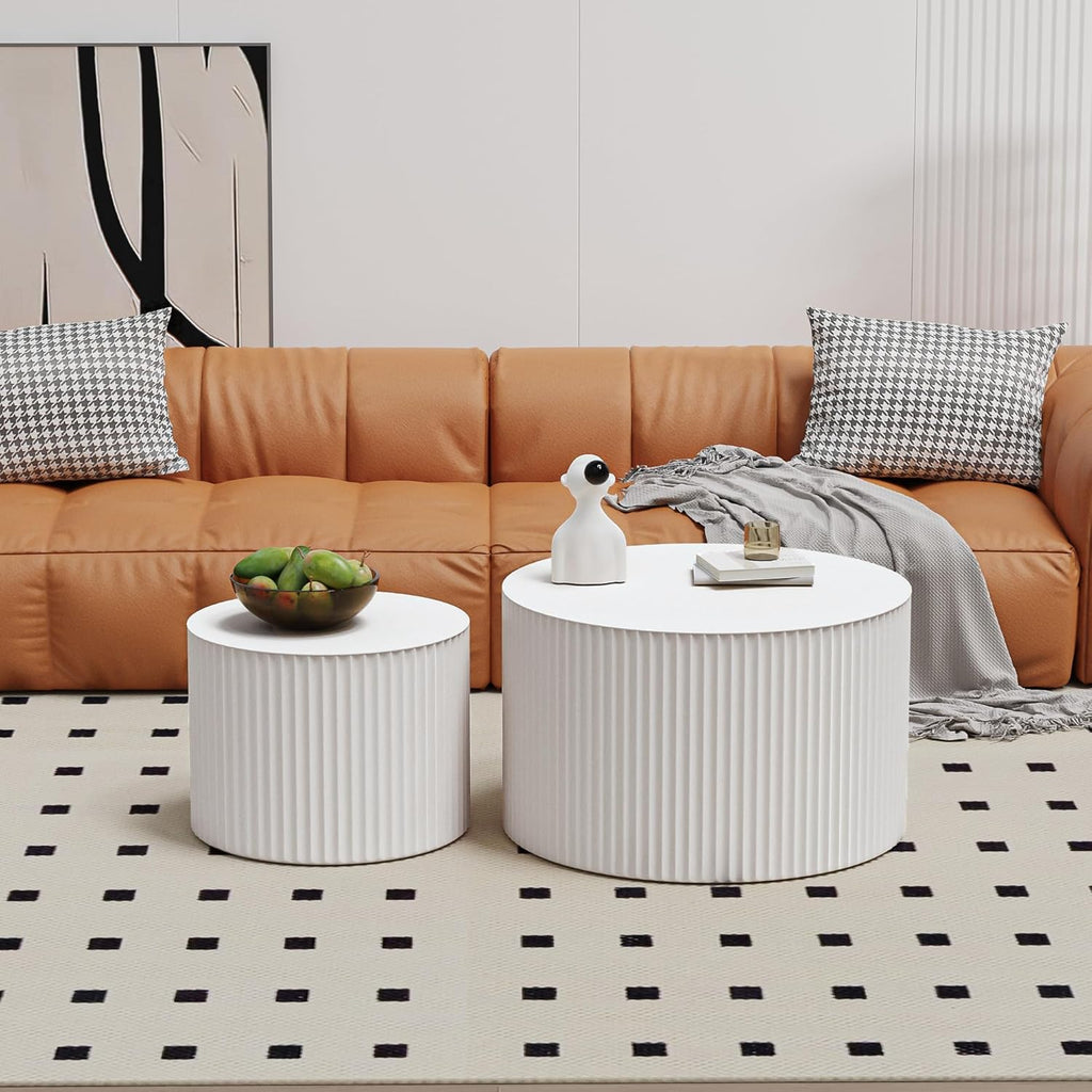 WXFKLDJ Round Nesting Coffee Table Set Cylindrical Wooden Coffee Table Sofa Center Table Circle Embossed Design Side Table for Living Room Apartment No Assembly (Round White Small)