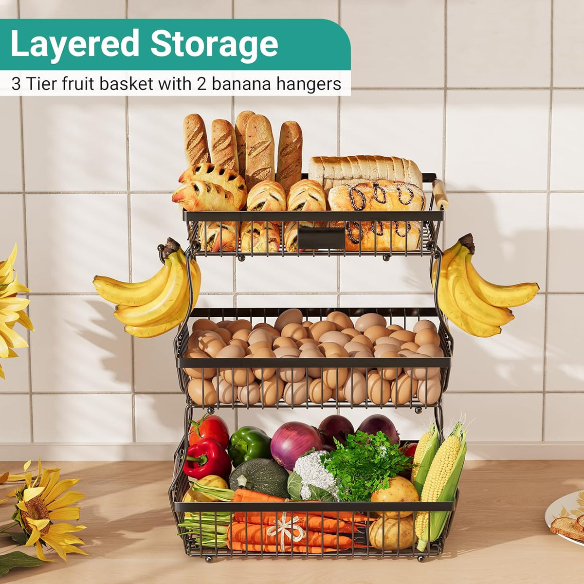 3 Tier Fruit Basket for Kitchen Counter with 2 Banana Hangers, Countertop Metal Fruit Bowl with Wooden Handle, Large Storage Stand for Vegetables, Snacks, Breads, Produce Storage – Black
