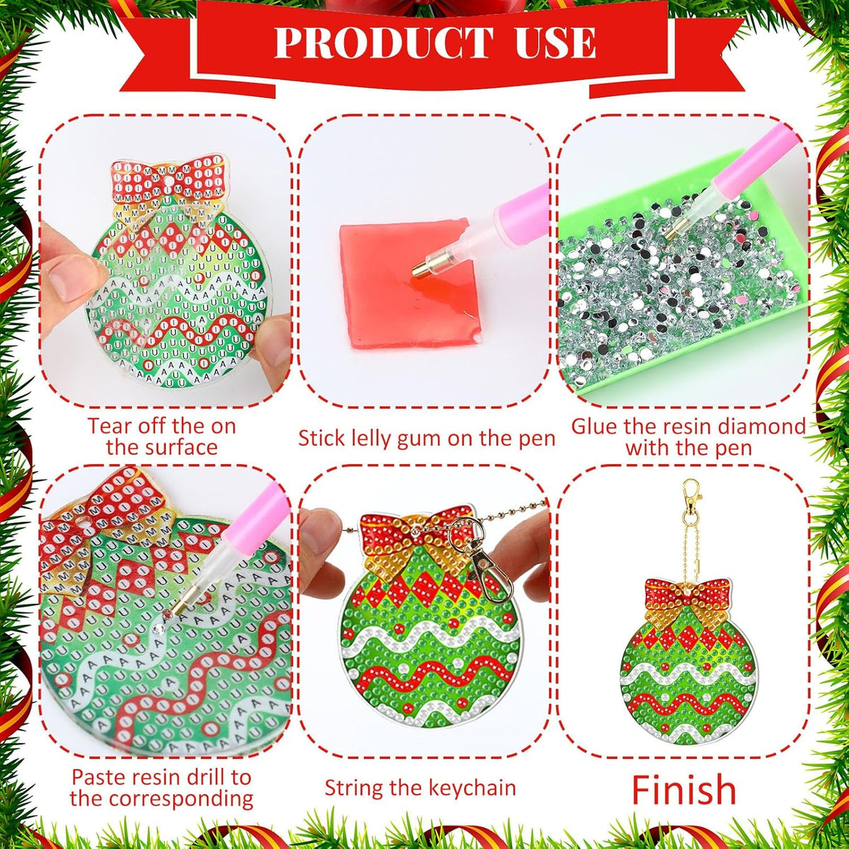 Tondiamo 20 Pcs Christmas Diamond Painting Keychain Kits 5D DIY Diamond Art Pendants Double Sided Hanging Key Chains for Christmas Party Decoration DIY(Green Balls)