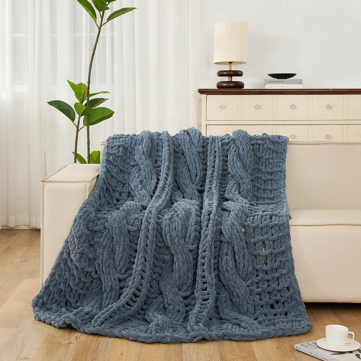 Esterra Chunky Knit Blanket Throw 50"x60", 100% Hand Knitted Chenille Throw Blanket, Cozy Soft Thick Cable Knit Throw Large Rope Knot Crochet Throw Blanket for Sofa Couch Bed, Blue Mirage
