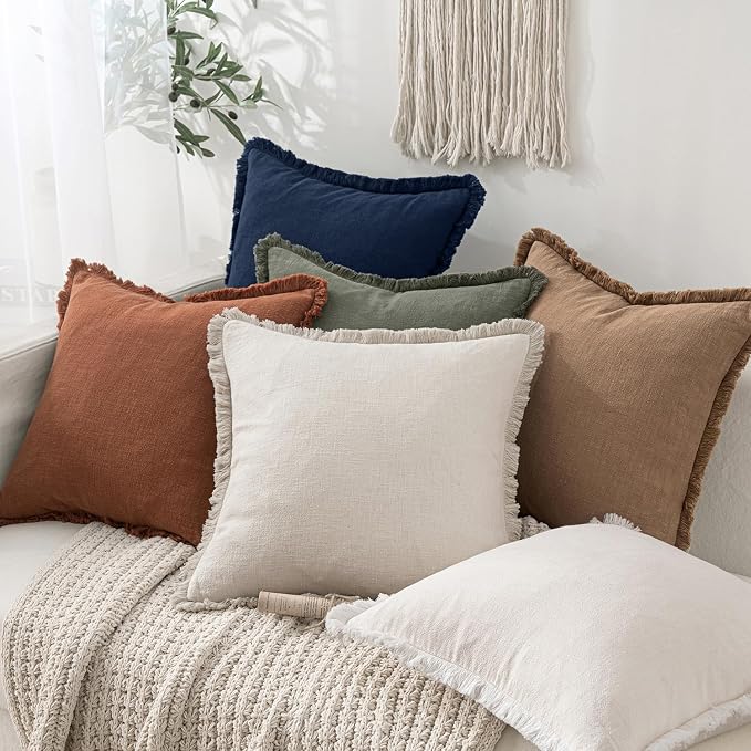 MIULEE Linen Fringe Decorative Euro Throw Pillow Covers Dark Navy 24x24 | Set - Image 5