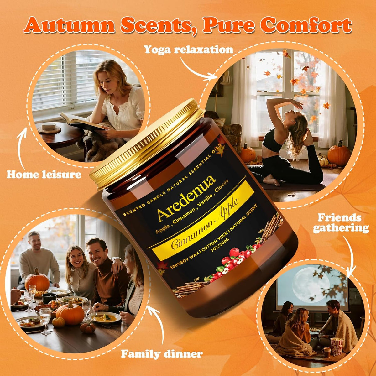Fall Candles - Apples & Cinnamon Candle | Apple Scented Candles, Thankingsgiving Candle for Autumn, 7 OZ Soy Candles for Home Scented - Fall Gifts for Women Men