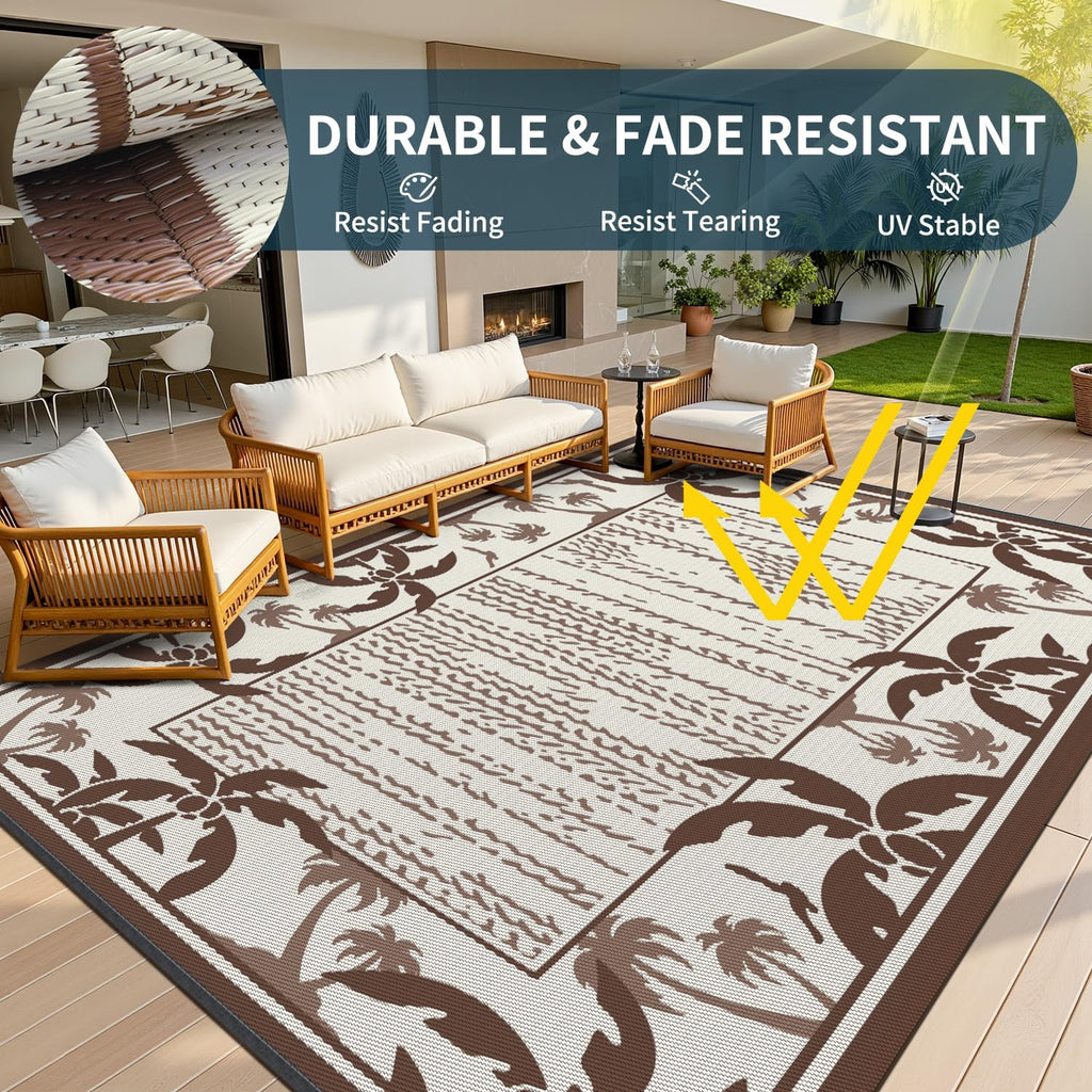 COCOER Outdoor-Rug 6x9 ft Waterproof Reversible Outdoor Plastic Straw Rug RV Indoor Outdoor Carpet Quick Dry Patio Rug Camping Mat for Balcony Backyard Picnic Beach-Brown&Beige