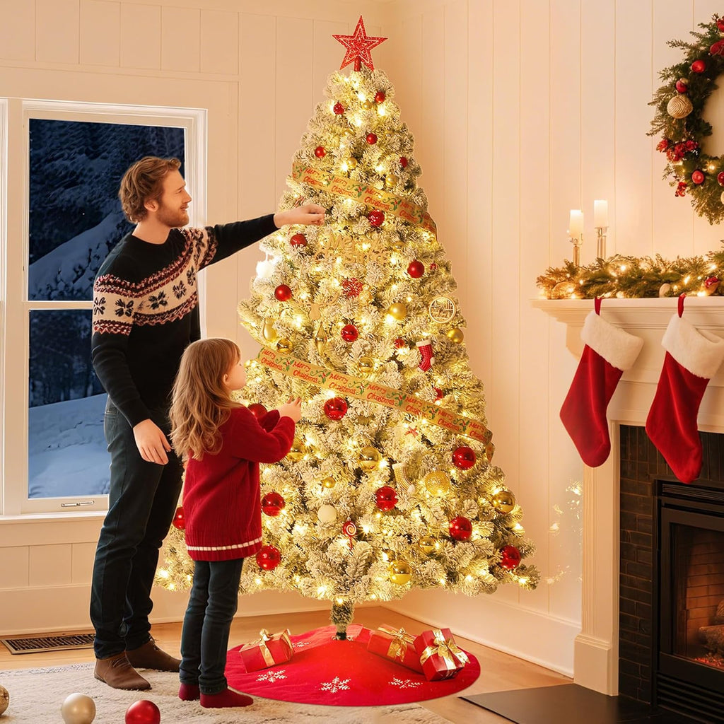 GarveeHome 7.5ft Prelit Artificial Christmas Tree with Warm White Lights, Snow Flocked Full Xmas Tree with 1050 Branch Tips, 450 LED Lights & Foldable Stand, Green & White Christmas Decorations