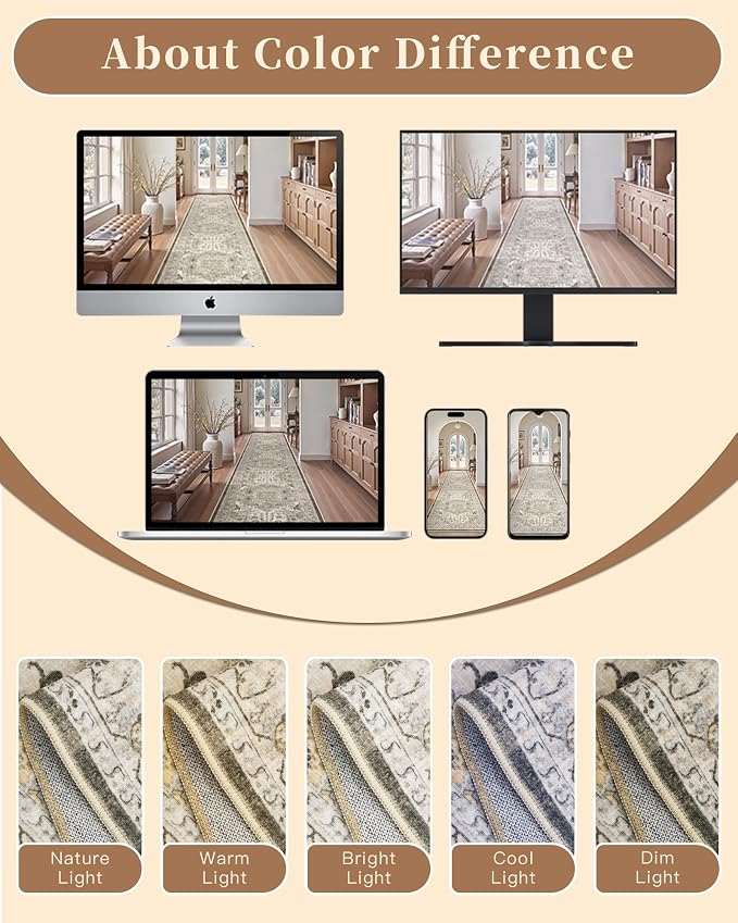 Madane Hallway Runner Rug 3x20 Washable Kitchen Runners 20ft, Ivory/Brown | - Image 9