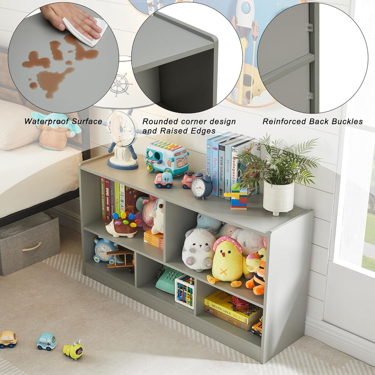 Toy Organizers and Storage, 5-Section Kids Bookshelf for Organizing Books Toys, School Classroom Wooden Storage Cabinet for Children's Room, Playroom, Nursery (Grey)