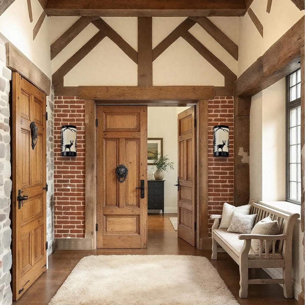 Wall Light Fixtures,Deer Cream White Parchment Rustic Wall Sconces,Farmhouse E26 Base Wall Sconce Light,Industrial Metal Black Sconce,Wall Lamps for Bedroom,Living Room,Hallway,Stairway