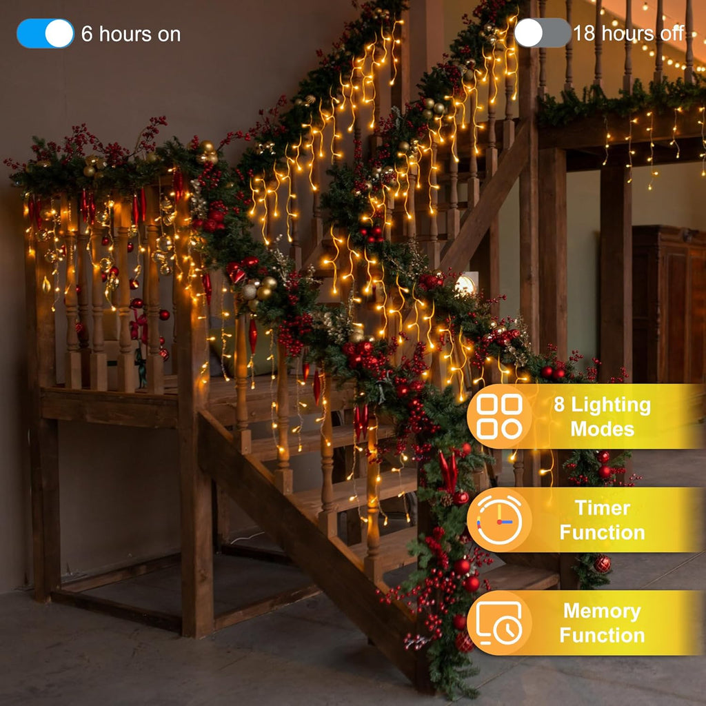 1296LED Christmas Lights with 288 Drops, 131ft 8 Modes Christmas String Lights Outdoor, Waterproof Christmas Decorations Fairy Lights with Timer Memory for Xmas Party Patio Window Fence Warm White