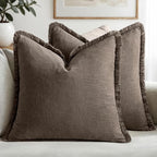 MIULEE Boho Linen Fringe Decorative Fall Throw Pillow Covers Coffee 20x20 | Set by MIULEE