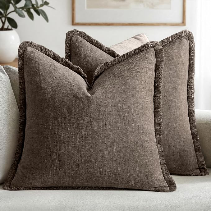 MIULEE Boho Linen Fringe Decorative Fall Throw Pillow Covers Coffee 18x18 | Set by MIULEE