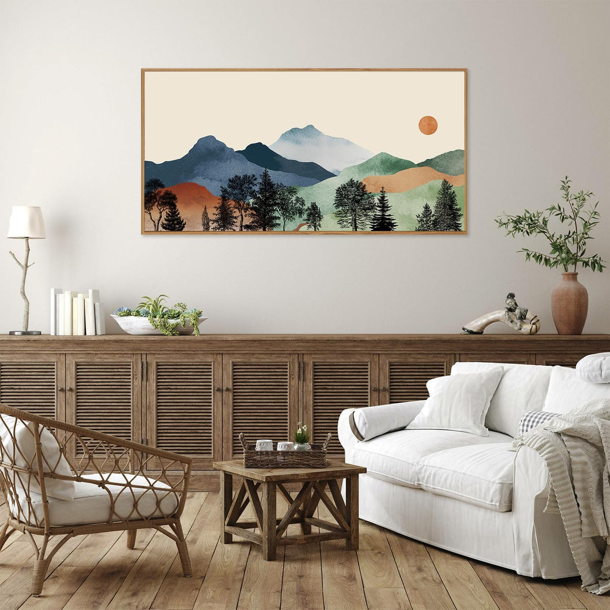 SIGNINART Large Boho Mountains Framed Canvas Wall Art, Watercolor Nature Landscape Art Prints, Neutral Modern Sunrise Art Paintings, Green Forest Wall Decor for Living Room, Bedroom, Office 20"x40"