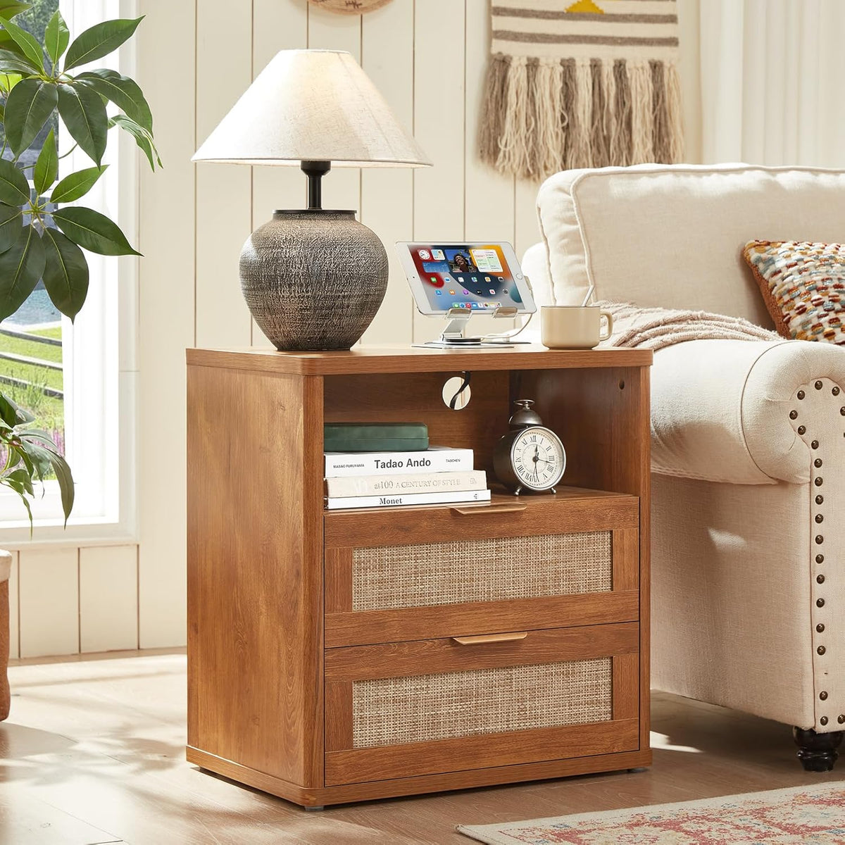 LEYAOYAO Boho Rattan Coffee Table and End Table Sets, 48" Wide Center Tables & 23" Night Stand with Charging Station Chest of Drawers, Brown Wood Coffee Table for Living Room 2 Piece Set