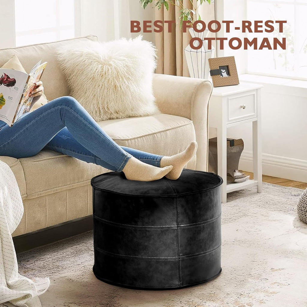 Round Leather Ottoman,Handmade Stuffed Ottoman,Genuine Leather Pouf, Foot Rest Pouf,Comfortable Soft Seating for Living Room & Bedroom (Black, Round)